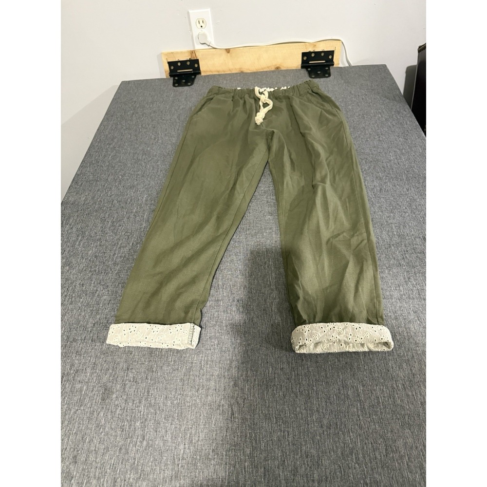 Nais Women's Cotton Linen Blend Army Green Pants With Lace Trim Sz S/M